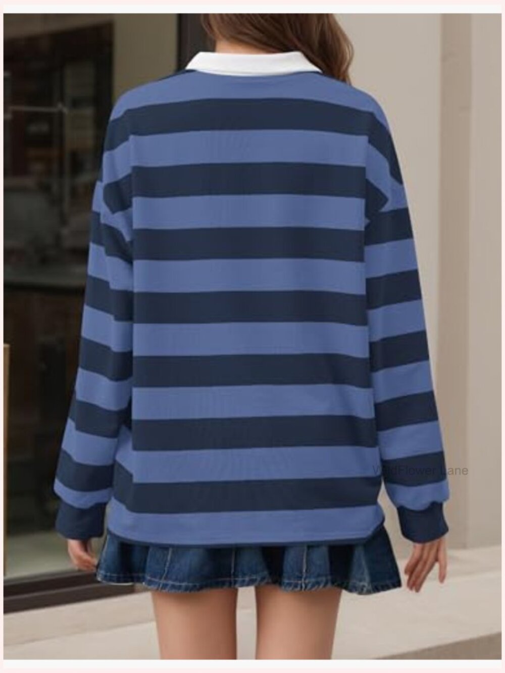 Striped Rugby Polo Sweatshirt Oversized Long Sleeve V Neck Y2K Pullover Top - Picture 4 of 6